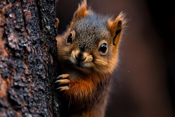 Obraz premium Curious red squirrel peeking from behind tree bark in forest, close-up portrait showing bright eyes and orange fur against dark background. Wildlife photography.