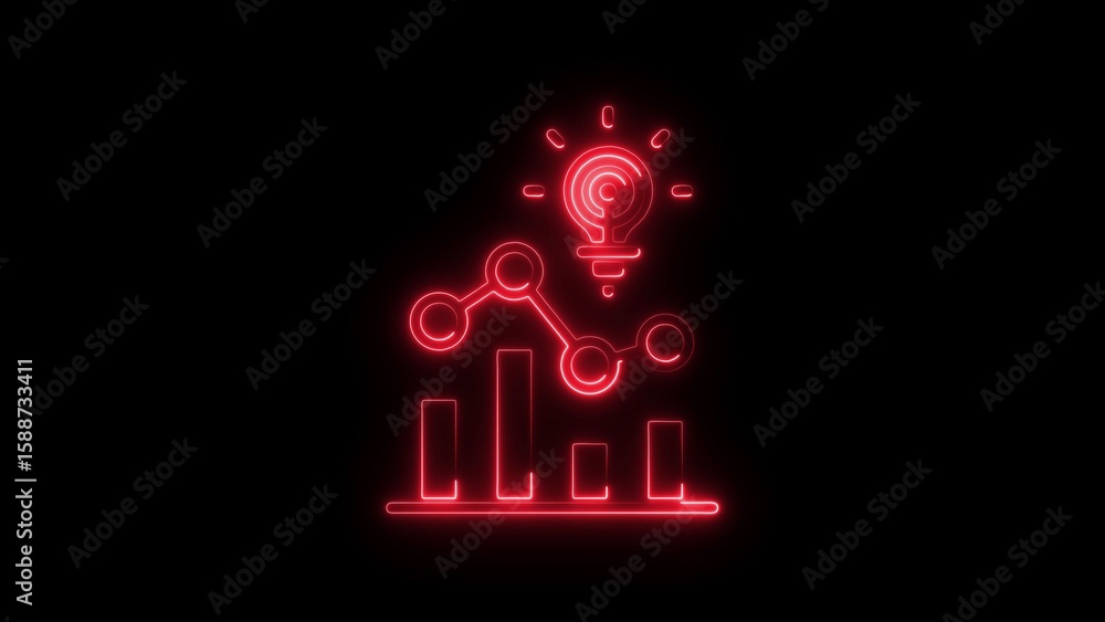 Poster red neon light bulb graph and data analysis icon on black background