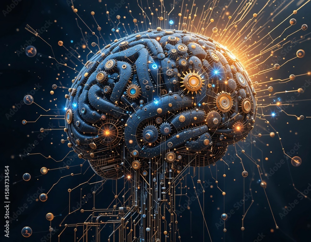 Poster a mechanical brain with gears and circuits emanating outwards on a dark background with glowing orbs