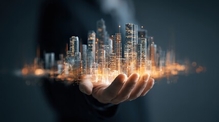 A futuristic cityscape hologram is projected above an outstretched hand, symbolizing advanced technology and smart urban development.