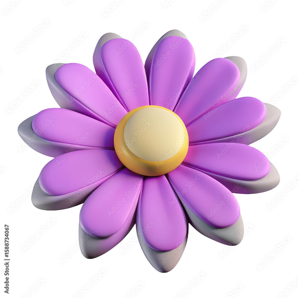 Poster a stylized 3d rendering of a layered purple daisy with a yellow center isolated on transparent backg