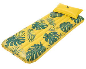 yellow inflatable mattress with a tropical leaf pattern and a built-in headrest, isolated PNG transparent background