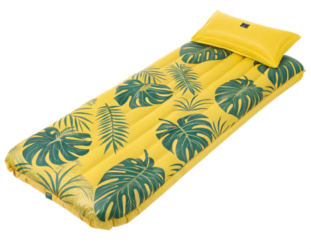 yellow inflatable mattress with a tropical leaf pattern and a built-in headrest, isolated PNG transparent background