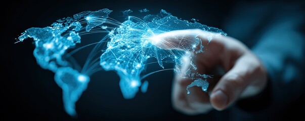 A hand interacts with a digital holographic world map, highlighting global connectivity and data networks.