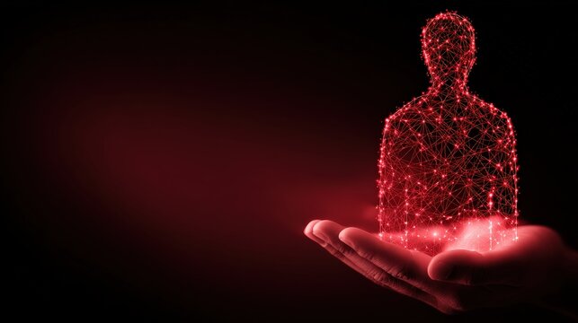 A glowing red digital human figure made of interconnected points and lines emerges above an open hand on a dark background.