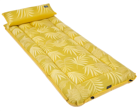 yellow inflatable mattress with a tropical leaf pattern and a built-in headrest, isolated PNG transparent background