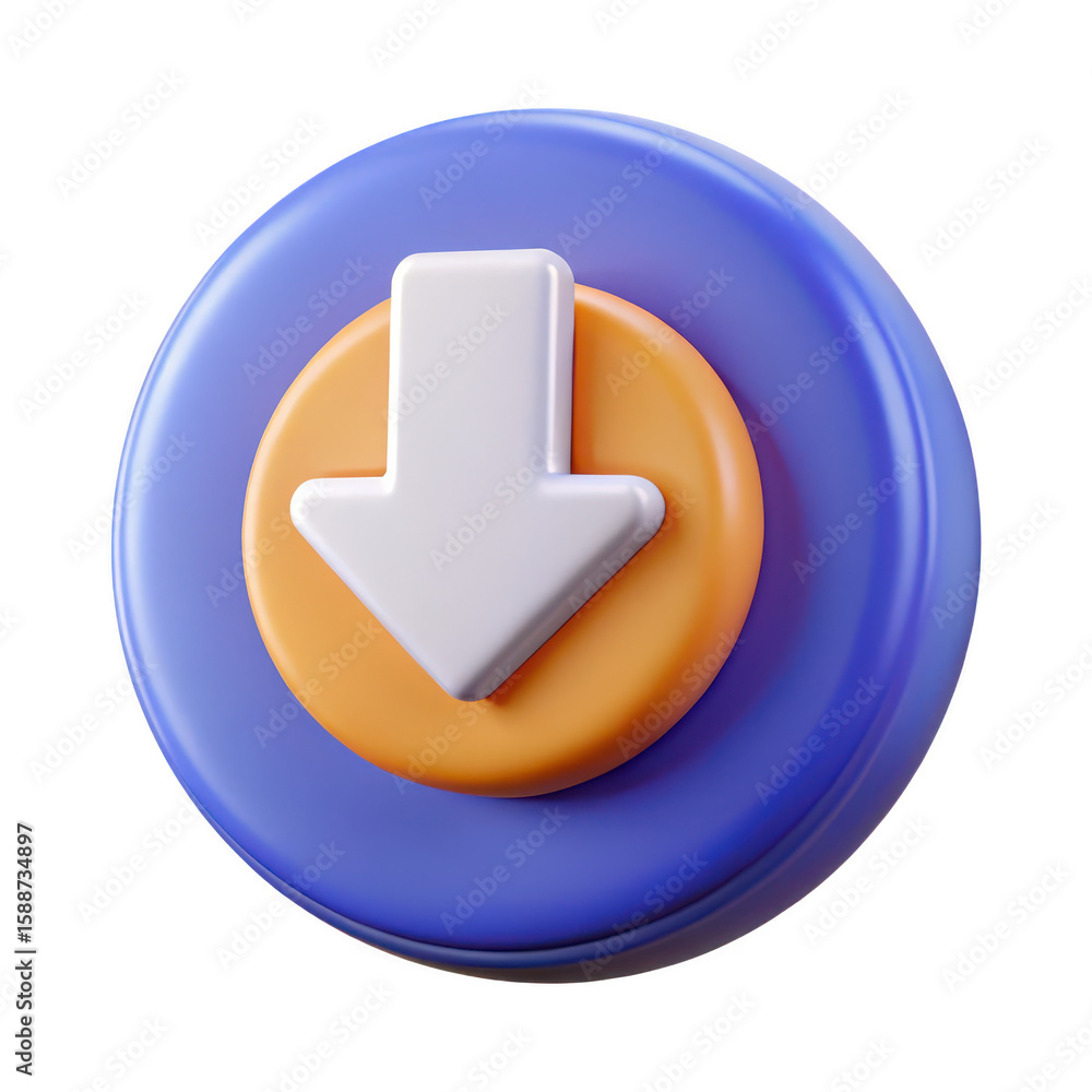 Fototapete Stylized 3d render of a white downward arrow icon on a blue and orange circular button isolated on transparent background