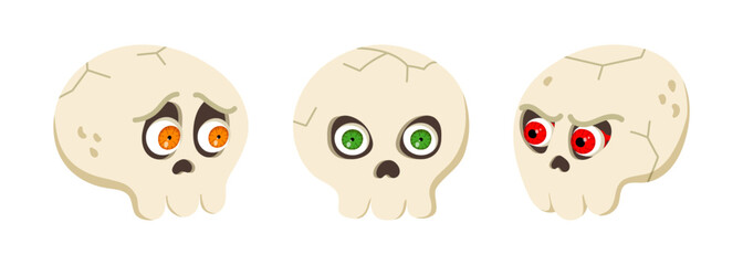 Funny cartoon Halloween skull set. Vector angry and sad cute human skull with eyes isolated on white background. Clipart for decoration, design element, sticker.