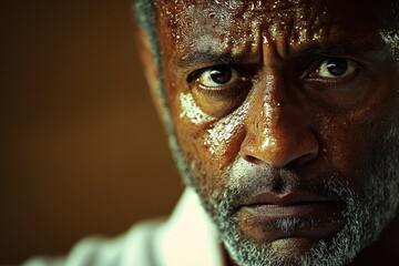 Intense Close-Up of Elderly Man with Focused Expression and Sweat