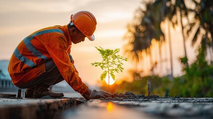 A worker in safety gear plants a young tree at sunset, symbolizing environmental care and sustainability.