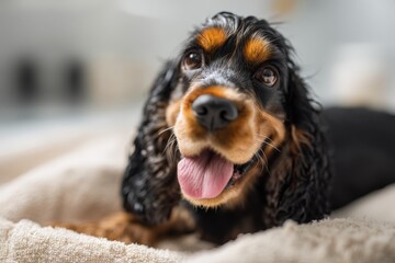 Obraz premium Happy cocker spaniel relaxing on soft blanket indoors in cozy living space