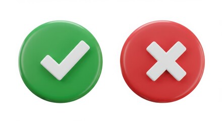Obraz premium Green check mark and red cross symbols isolated on white background