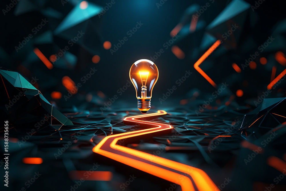 Poster glowing lightbulb on illuminated path through abstract landscape image