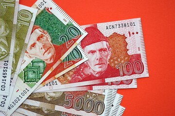 Pakistan rupees banknotes on red background. The current Pakistan money bills