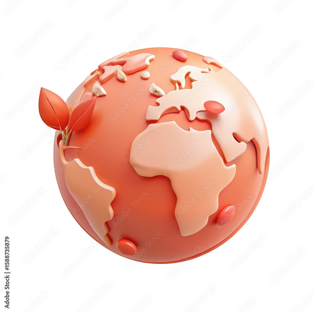 Poster stylized 3d rendering of planet earth with sprouting leaves and seed pods isolated on transparent ba