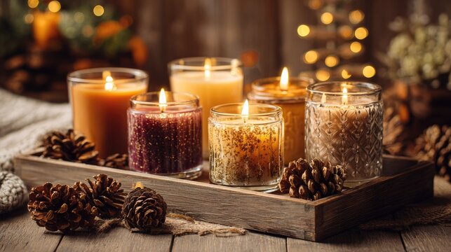 Autumn candles in glass holders on wooden tray