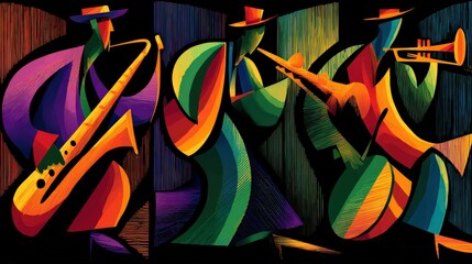 Abstract colorful illustration of three musicians playing saxophone, guitar, and trumpet with vibrant, geometric shapes and dynamic lines.