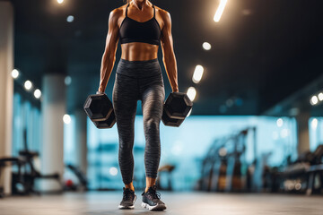 Full-body shot of an attractive fitness woman in black and grey leggings working out with dumbbells, brunette hair, standing inside a modern gym at night, with soft lighting and na