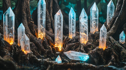 Crystal Forest An Enigmatic Scene of Illuminated Quartz Points in Natural Setting with Mystic Aura