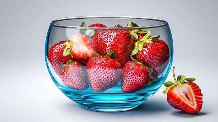 Fresh Juicy Strawberries in Transparent Glass Bowl on Bright Minimal Background, Fresh ripe strawberries arranged in a clear glass bowl, showcasing vibrant red color and juicy texture.