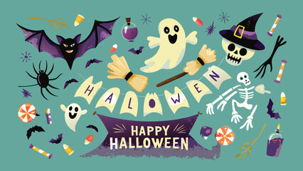Illustration featuring halloween themed elements including ghosts bats candy and a happy halloween banner