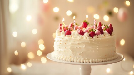 Close-up of festive birthday cake decorated with colorful candies, fresh strawberries, and party garland on cake stand with warm glowing lights in soft beige background




