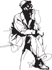 Elegant one-line drawing of a welder with a mask, minimalist and black-and-white only