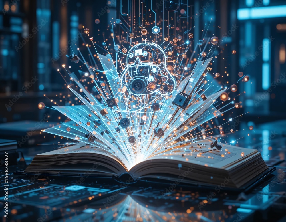 Poster open book with glowing digital cloud and circuit board background creating a futuristic learning con