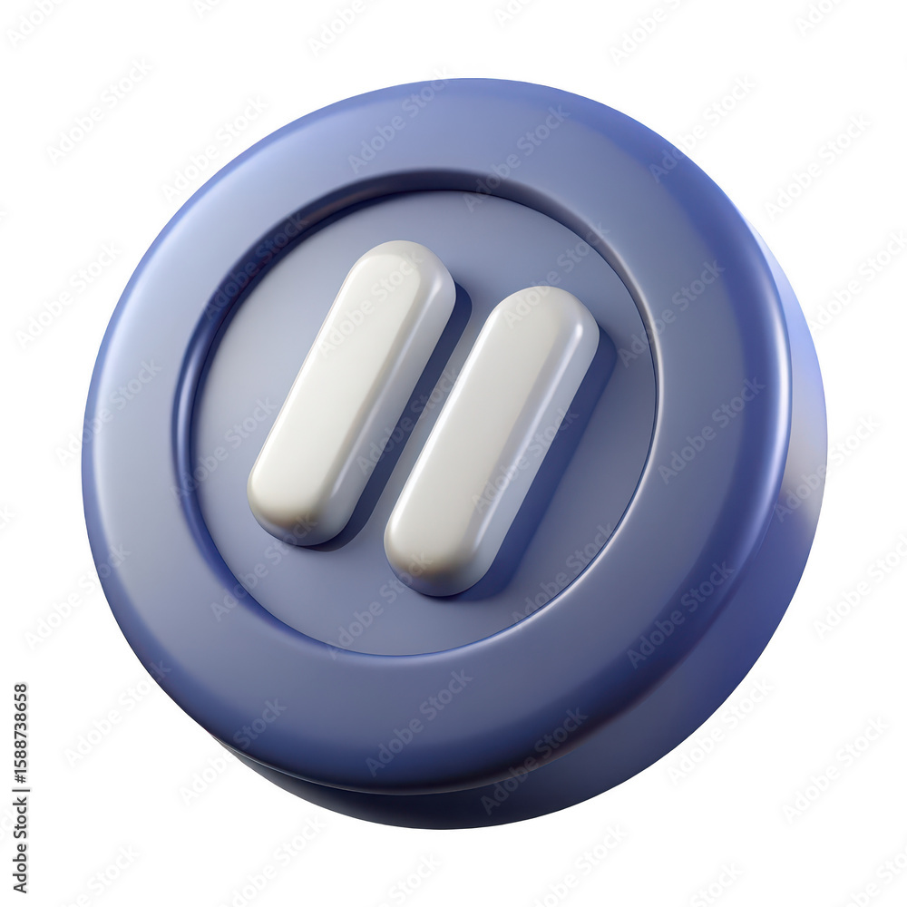 Poster a 3d rendered blue circular icon featuring two white parallel bars representing a pause symbol isola
