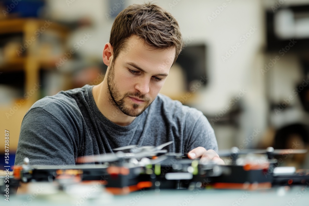 Poster man assembling drone with focused expression in workshop environment
