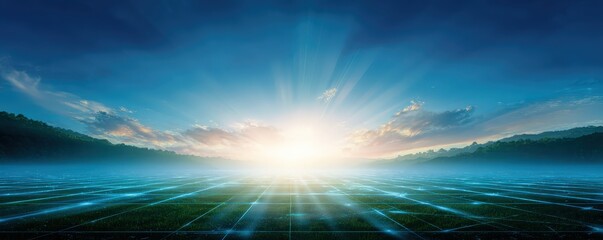 A radiant sunrise illuminates a futuristic grid landscape beneath a vivid blue sky with scattered clouds and distant hills.