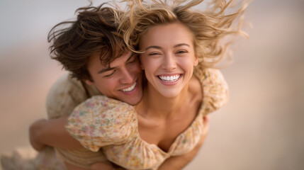 Man lifting his partner gently as she laughs, captured mid-air with clean backdrop for caption.
