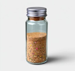 Glass bottle with silver cap and colored cork studio setting product photography close-up artistic concept