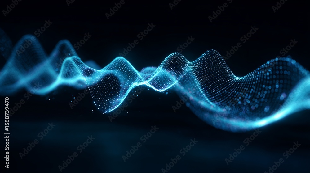 Poster abstract flowing blue wave formed of interconnected particles against a dark background creating a n