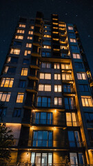 Photo of modern apartment building illuminated at night under the stars