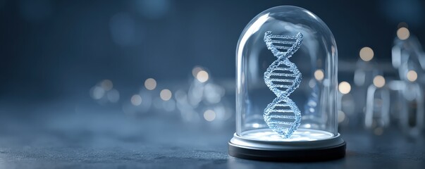 Obraz premium A DNA double helix model is displayed inside a glass dome, symbolizing genetic research and biotechnology with a futuristic and scientific backdrop.