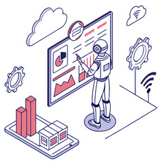 AI Robot Analyzing Data – Isometric Vector Illustration
