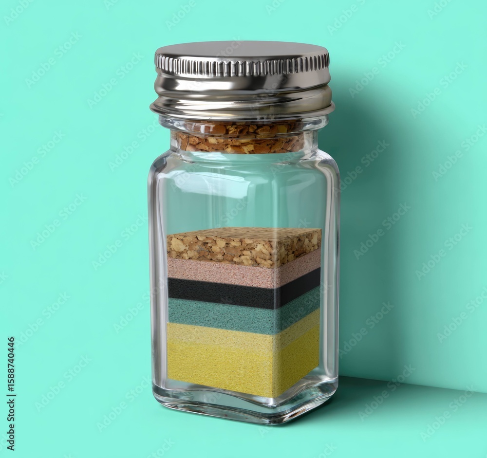 Fototapete Artistic rendering of a glass bottle with colorful layers studio 3d model creative side view visual concept