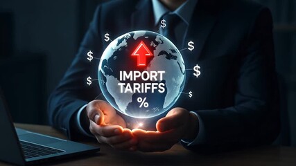Businessman holding a glowing globe with red arrow and text import tariffs and surrounded by currency symbols, soft lighting creates a high tech, geopolitical atmosphere in the background - Powered by Adobe
