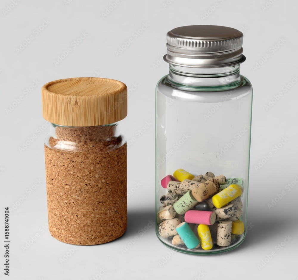 Poster glass bottle with silver cap and colorful capsules studio 3d render minimalist design standard scale