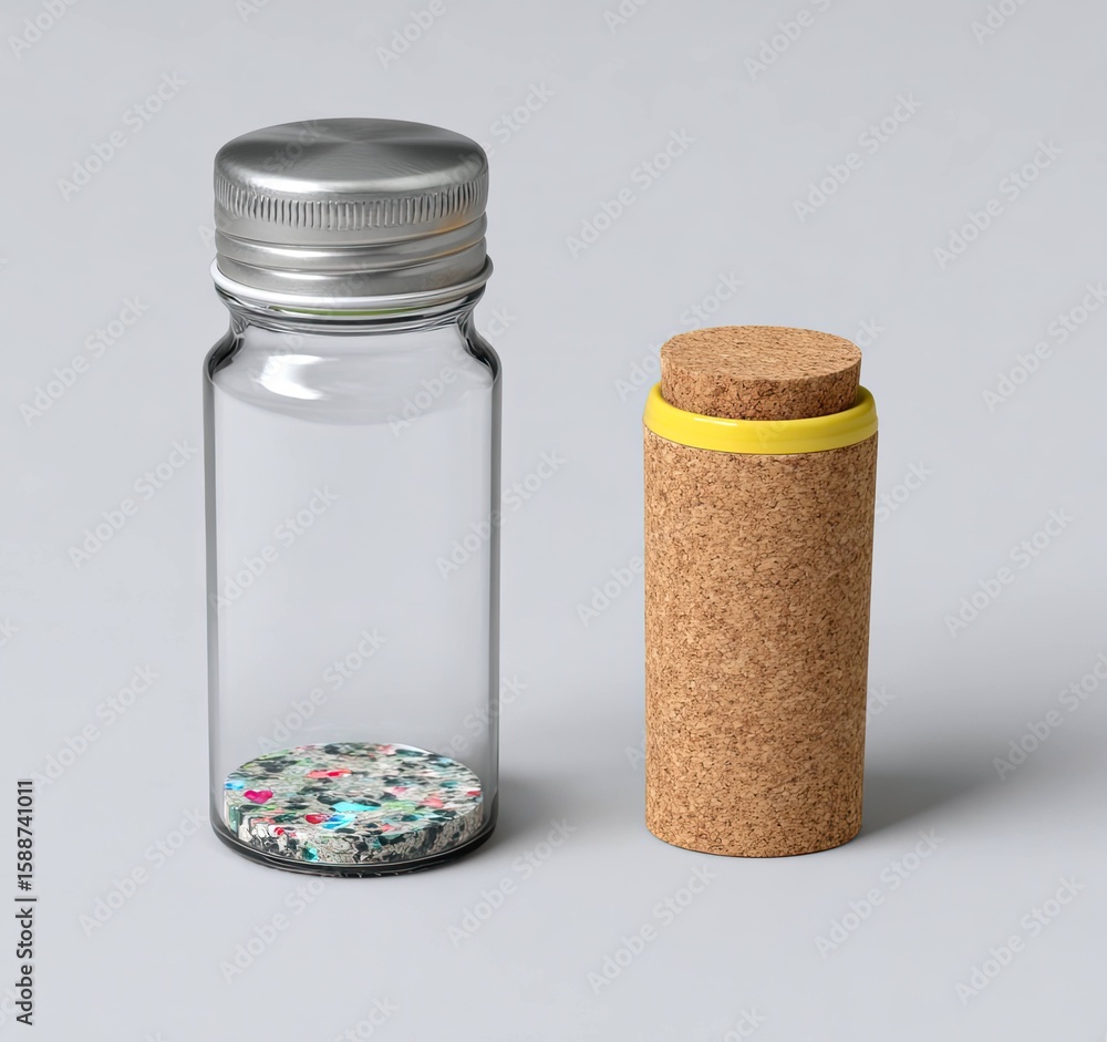 Poster artistic rendering of glass bottle with silver cap studio setting digital art minimalist background