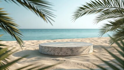 Minimalist stone pedestal on a sandy beach with palm trees and ocean backdrop