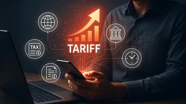 Man using smartphone and laptop with glowing red upward arrow graph with text tariff emerging from the phone floating icons represent global trade concepts, tariff document, export duty