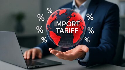 businessperson in suit presents a glowing globe with import tariffs text above their hand and floating percentage symbols and digital office background create, tariff document, export duty - Powered by Adobe