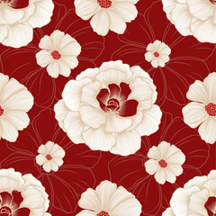 Elegant seamless floral pattern with cream flowers on deep red background. Perfect for textiles, packaging, and festive designs.