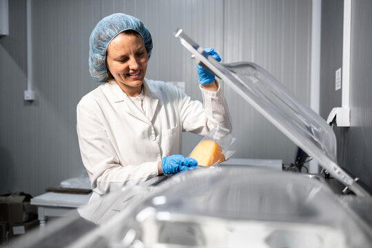 Production of quality cheese. Food factory worker vacuuming and packing cheese dairy product for sale.