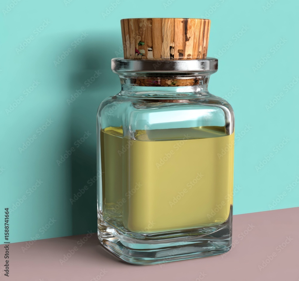 Poster rendering of a glass bottle with silver cap studio 3d visualization modern close-up product design