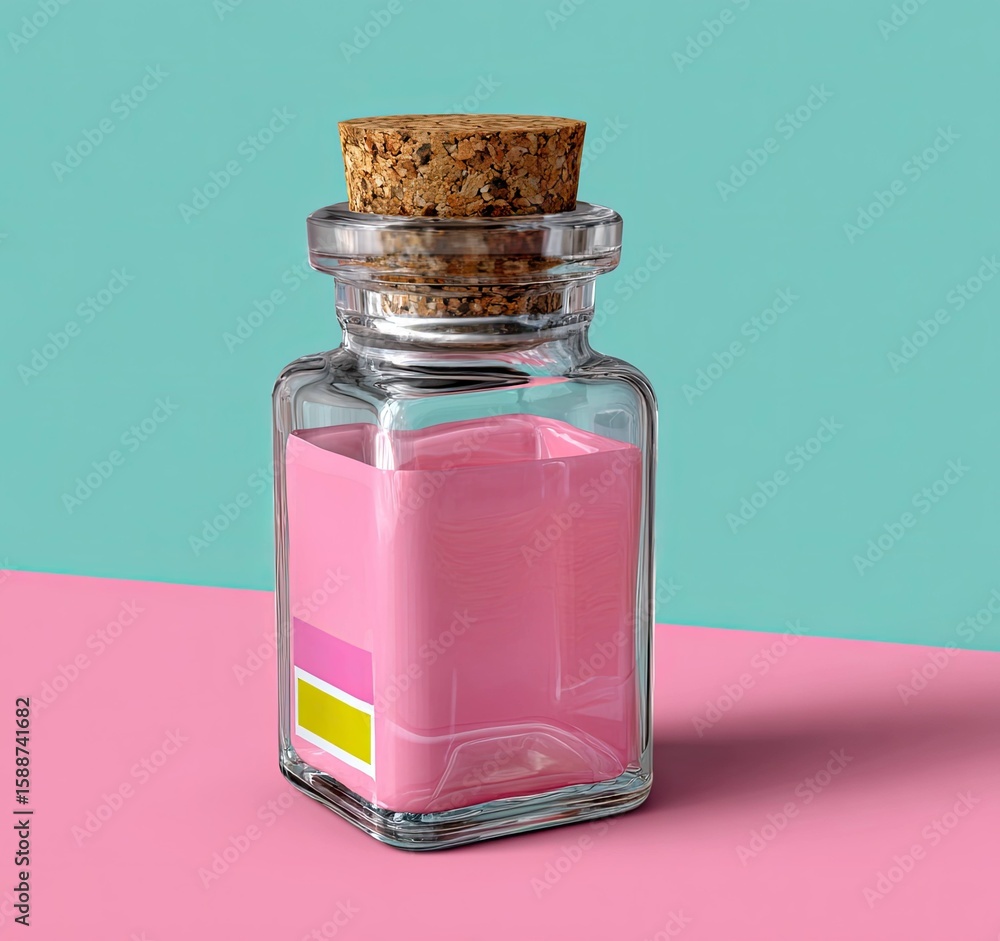 Aufkleber rendering of a colorful glass bottle with cork cap in minimalist setting artistic presentation