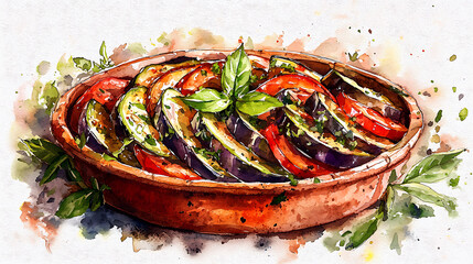 Vegetable Ratatouille Casserole Illustration A Colorful Watercolor Depiction of Healthy Mediterranean Cuisine, Featuring Eggplant, Tomatoes, and Herbs