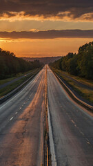 Obraz premium Photo of a long straight road leads to the sunset through the trees